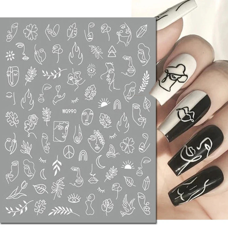 3d Nail Art Stickers Geometric Lines Faces Love Hearts Letters Leaves Stars Adhesive Sliders Decals Decoration For Manicure 250605