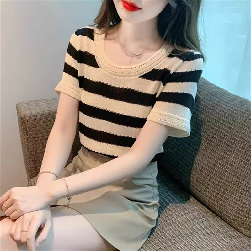 KC145 Retro striped shoulder t-shirt women's short-sleeved design niche hollow ice silk knit sweater top clothes