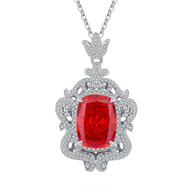 S925 Silver High-Carbon Diamond Radiant Cut Chinese Red Vintage Pendant Necklace, 12x16mm Main Stone, Elegant and Stylish Women's Jewelry, Perfec