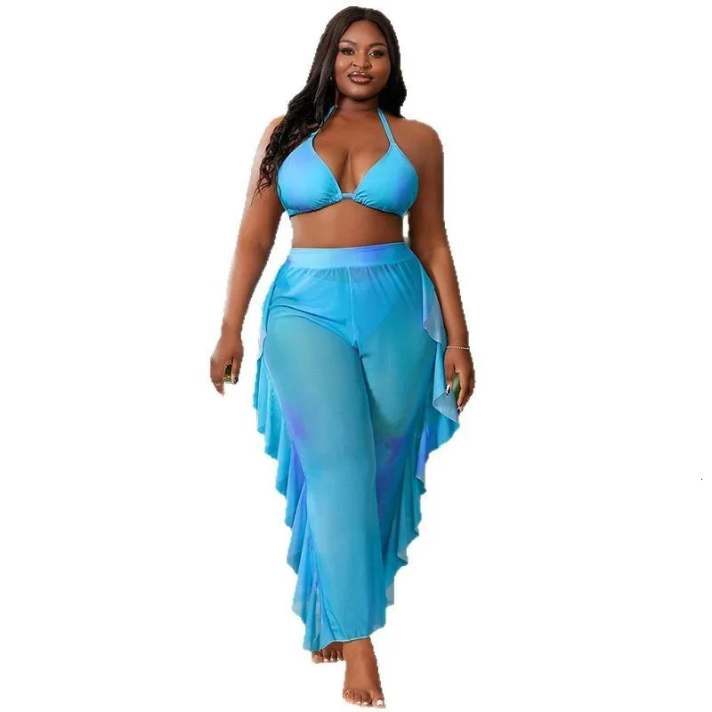 Solid Color Plus Size Split Swimsuit Womens Bikini Three Piece Set Sexy Gathering Pants Casual Y2k 250530
