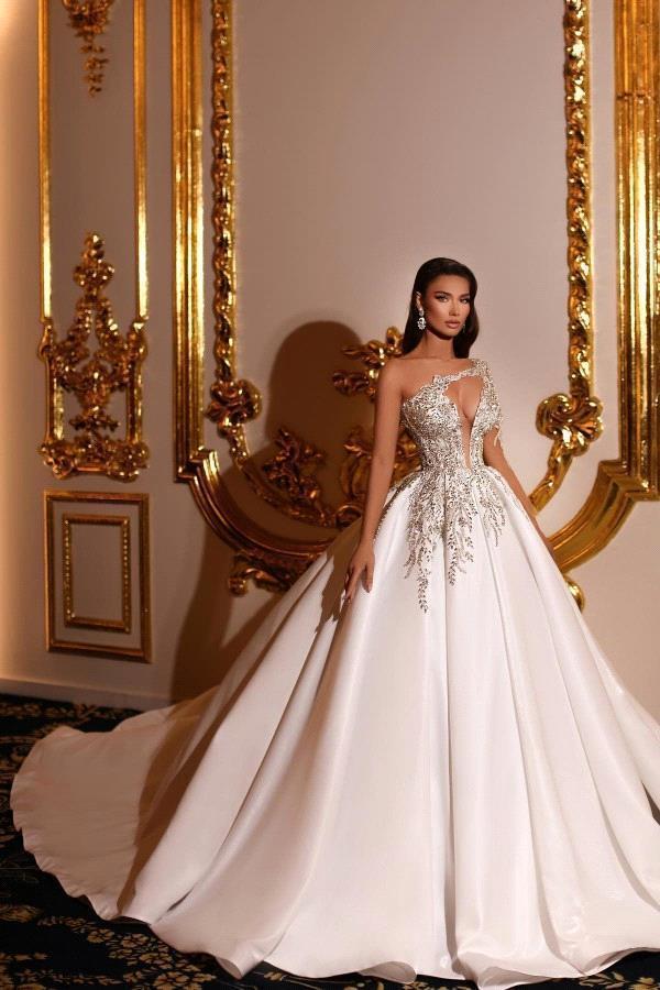 Newest 2026 One Shoulder Keyhole Neck Western Garden Church Wedding Dresses A Line Satin Appliques Beads Bridal Gowns Formal Robes de mariage BC18756