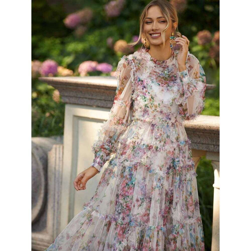 Lace Lantern Sleeve Mesh Print Cascading Ruffle Vacation Ball Gown Dresses For Women 2022 Designer Autumn Runway Elegant