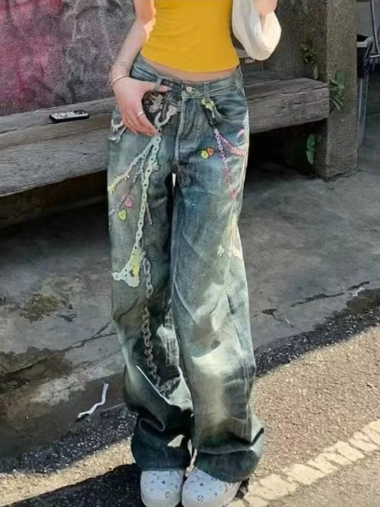 Korean Candy Chain Print Straight Leg Jeans Womens Harajuku Streetwear Y2k Baggy Jeans Hip-hop Retro Punk Wide-leg Pants Unisex 250611