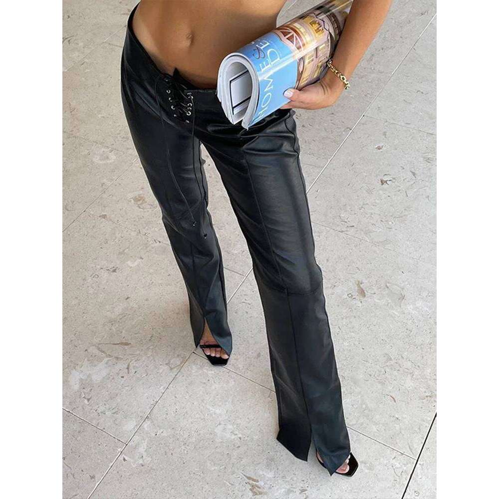 Cryptographic Fashion PU Faux Leather High Rise Skinny Straight Pants for Women Streetwear Bottom Club Party Goth Pant Trousers