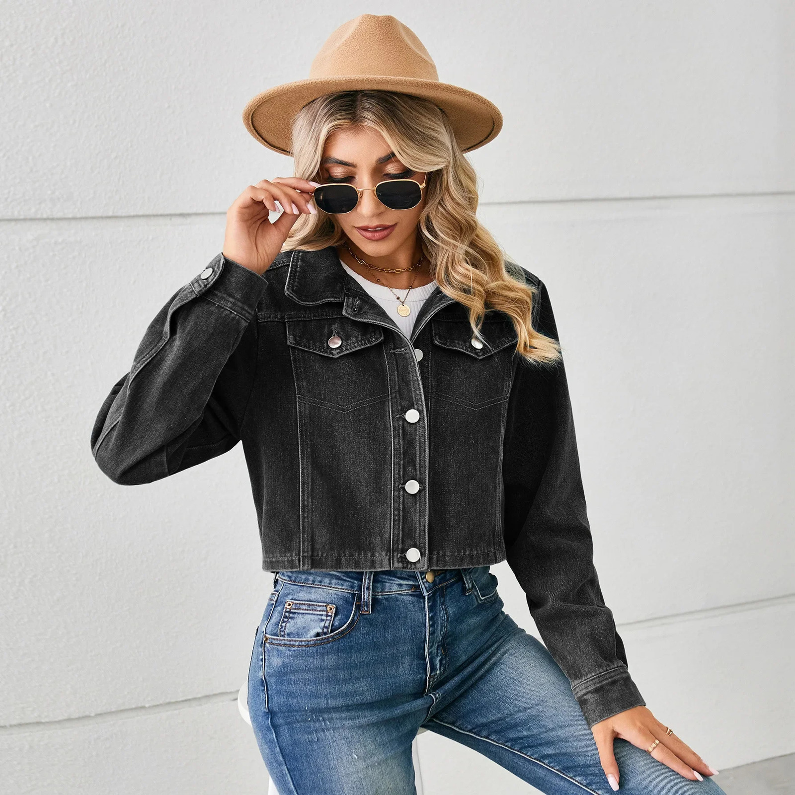 American Style Cropped Denim Jacket Top Long Sleeve For Women Model Washingdenim Crop Jacket From China Mainland Loose Fit 250609