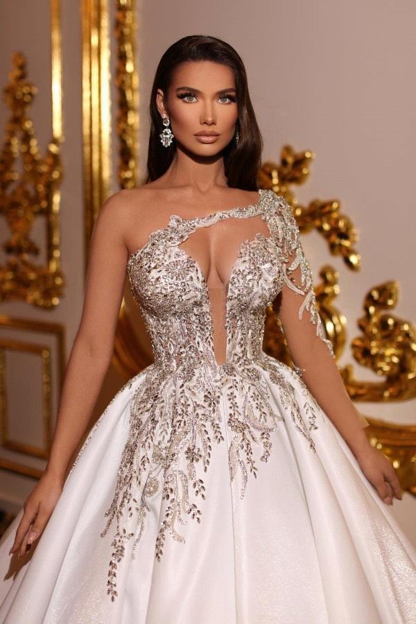 Newest 2026 One Shoulder Keyhole Neck Western Garden Church Wedding Dresses A Line Satin Appliques Beads Bridal Gowns Formal Robes de mariage BC18756