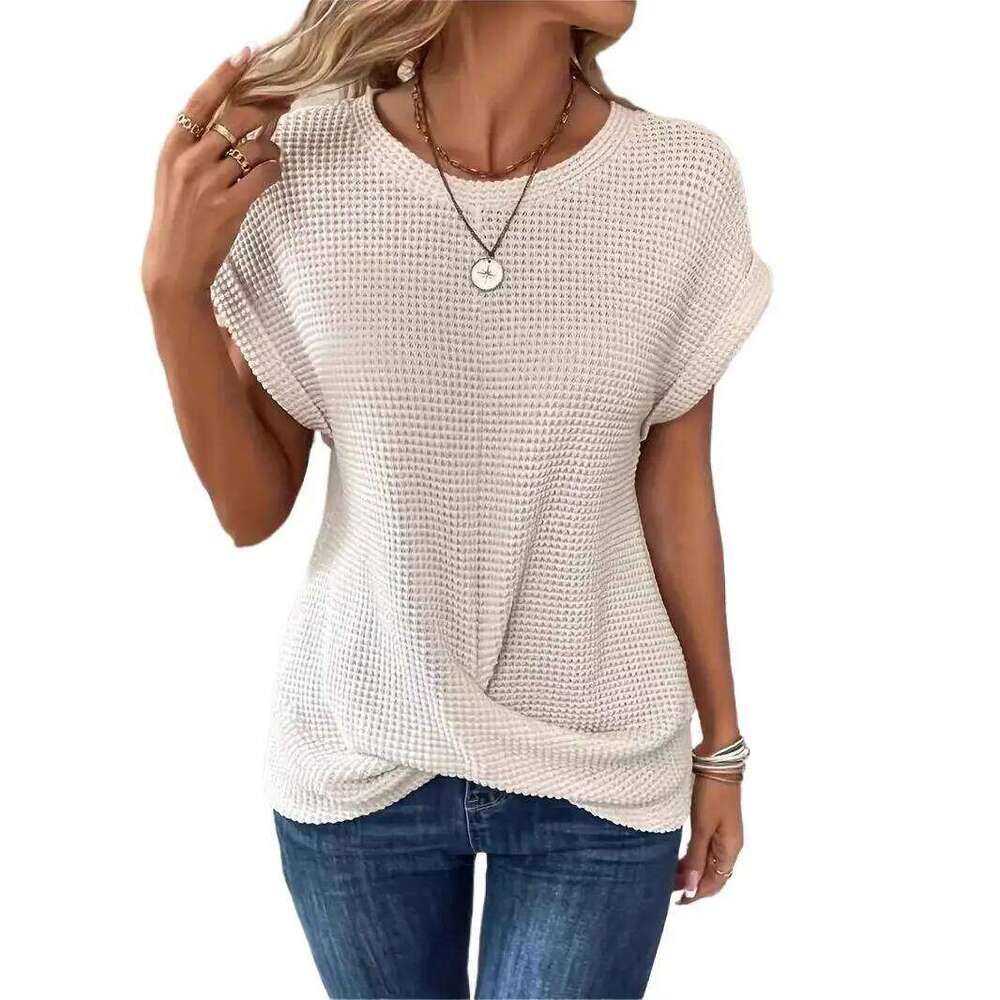 Women Round Collar Short Sleeve Knitted Pullover Sweater Loose Tops YSFS-A1016