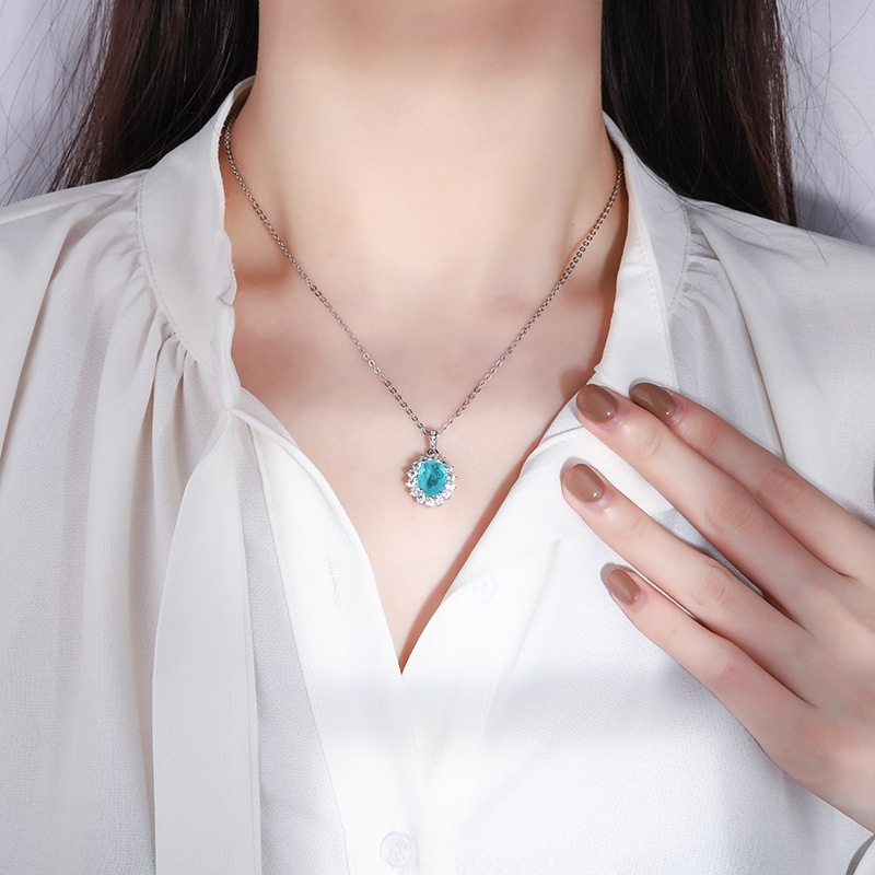 Hot Selling S925 Silver Jewelry Set, Faux Colored Gemstone Pigeon Egg Pendant Necklace, 8x10mm Main Stone, Stylish Luxury Design, Perfect Jewelry Gift