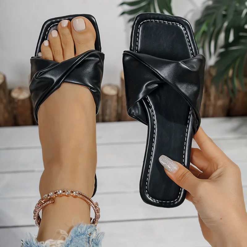 Fi Pleated PU Leather Flat Slippers Women 2025 Summer Square Toe Sandals Woman Comfy N Slip Beach Flip Flops Plus Size 43 XJ250610