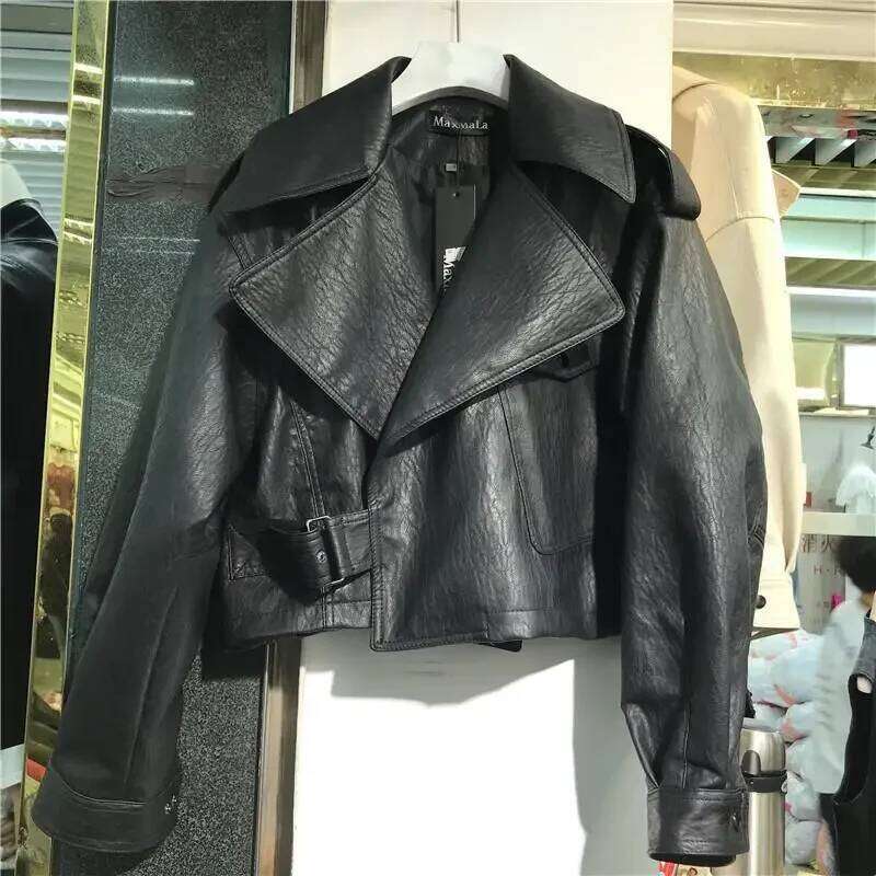Vintage Casual Streetwear Women Leather Jacket Turn Down Collar Long Sleeve Loose Autumn Winter Coat Korean Style Chic Tops