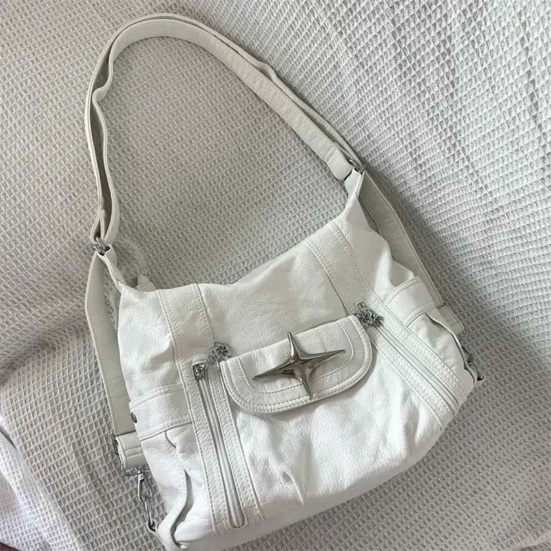 Y2k Large Capacity Shoulder Bag White Pu Leather Star Handbag American Style Punk Goth Fashion Simple Designer Handbag Tote Bag XJ250610