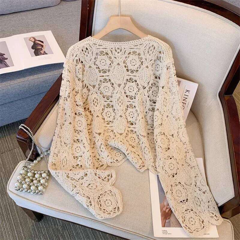 hollow out shirts women crochet femme summer chic hole tops