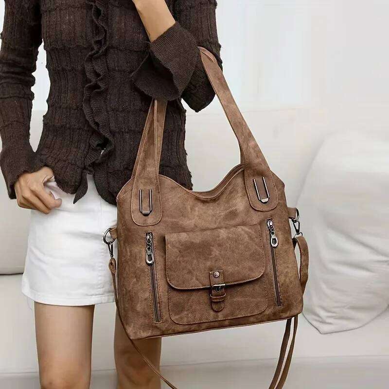 Soft Synthetic Leather Retro Women's Shoulder Tote Bag, Multiple Pockets For Daily Use Or Work, Versatile Carry Bag