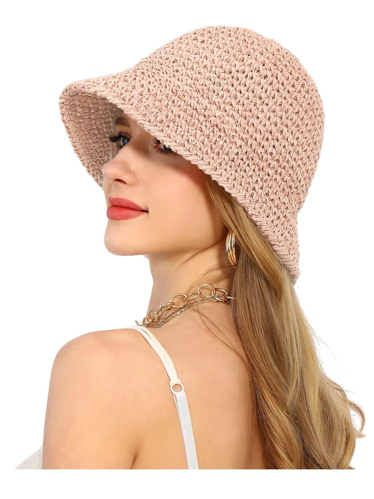 Summer UV-Protect Crochet Straw Bucket Hat for Women Beach Fashionable Breathable Outdoor Sunshade Cap Foldable Visors 250610