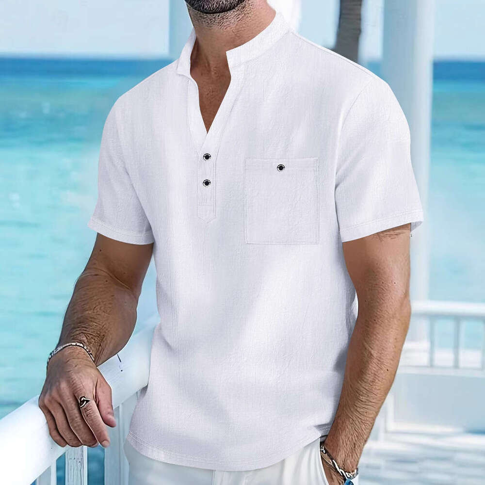 New Stand Collar T-Shirt Linen Short Sleeve Shirt Casual Thin Loose Henley Men's Wear B5
