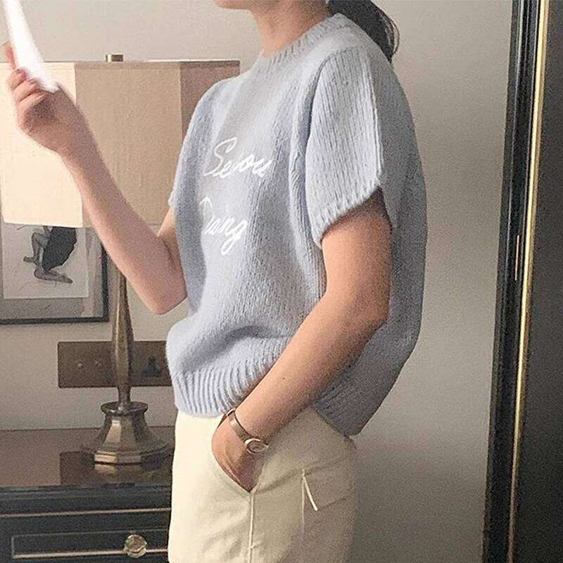 Sueter Mujer Round Neck Contrast Loose Casual Short Sleeved Letter Knitted Sweater Y2k Top Grunge Pullover Jumper