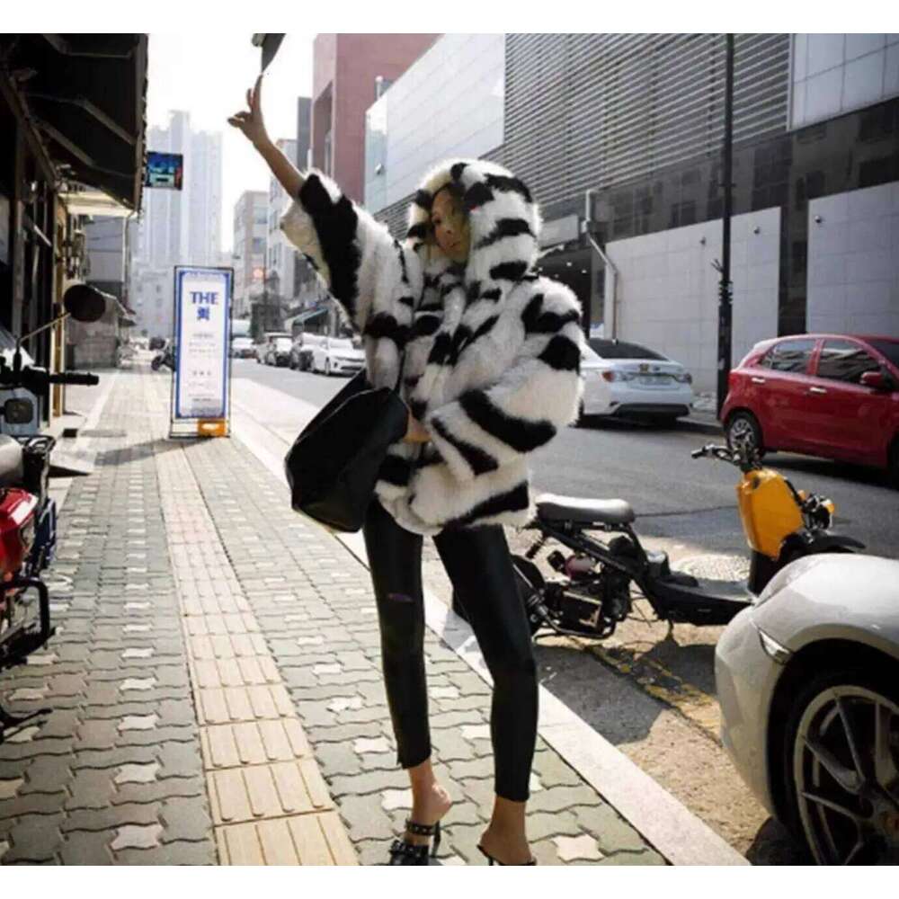 Oversized Winter Warm Hooded Large size Black White Zebra Faux Fur Coat CHILL Full sleeve Women Short Shaggy Outerwear