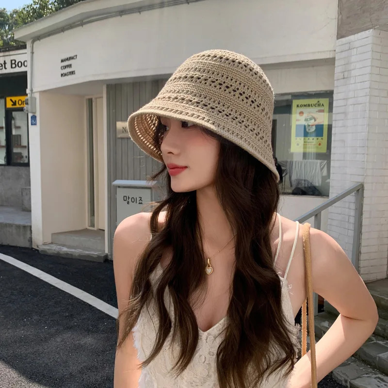 Fashion Summer Hollow Knitted Sun Protection Panama er Cap Bucket Hat Sunshade Hat for Womens Leisure Bonnet Pot Hat 250606