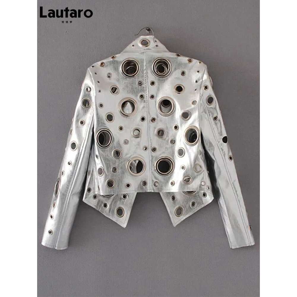 Lautaro Runway Cut Out Short Faux Leather Jacket Golden Rivet Cool Stylish Designer Clothes Women European American Fashion 2022