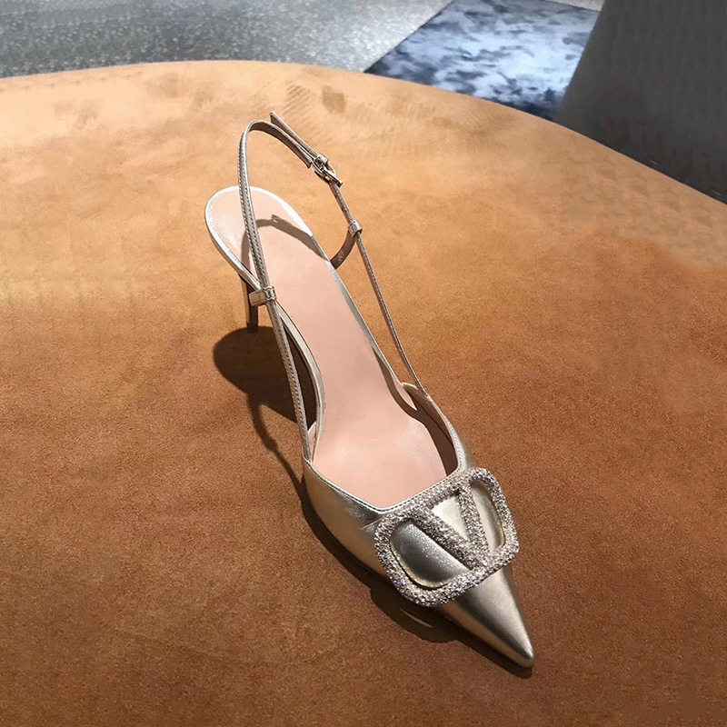 Free shipping designer for womens dress shoes sliver New pointed thin heel rhinestone fashionable and versatile high heels