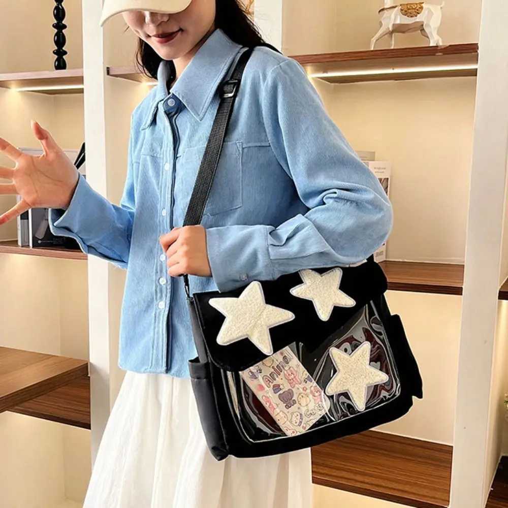 Canvas Star Crossbody Bag Large Capacity Y2k Pentagram Shoulder Bag Transparent Pockets Korean Style Nylon Student School Bag XJ250610