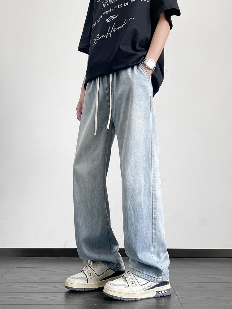 Summer Mens Jeans Korean Fashion Lightweight Lyocell Cotton Straight Denim Pants Loose Fit Wide Leg Trousers 250610