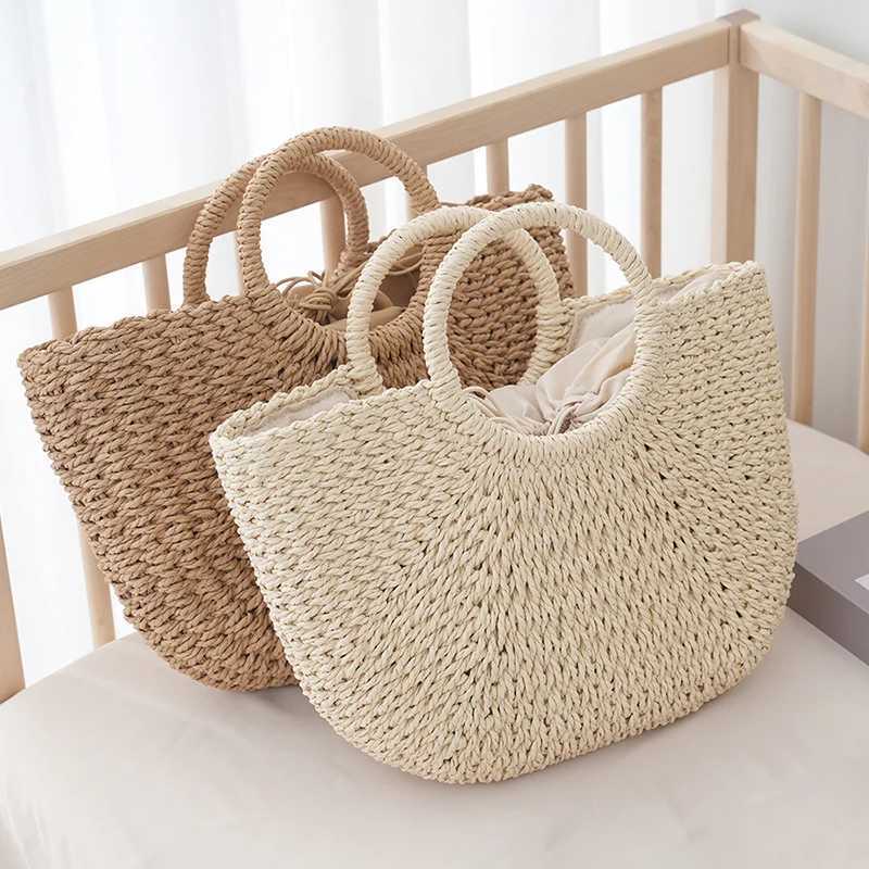 Summer Half-moon Straw Bag For Women Handmade Portable Handbag Large Capacity Beach Bag Basket Woven Top-handle Bag Purse Totes XJ250610