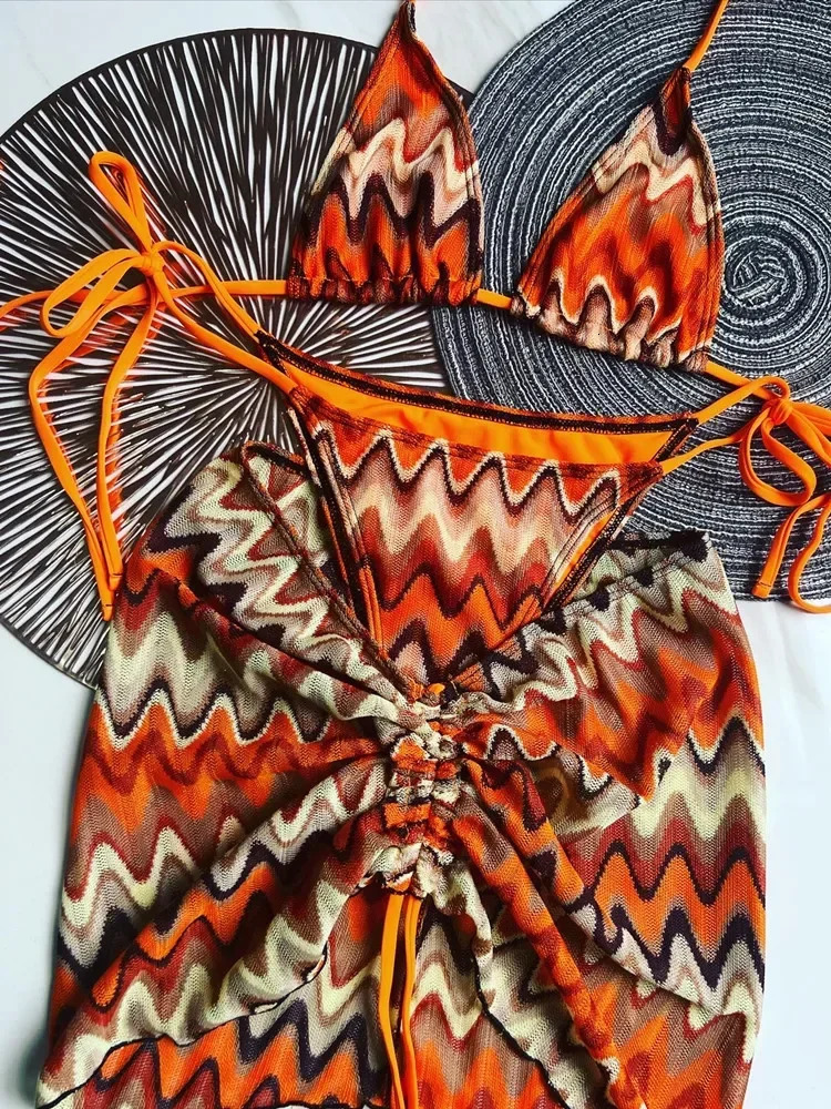 y n Womens Swimsuit Colored Maple Leaves Knitted Bikini Skirt ThreePiece Set Split 250609