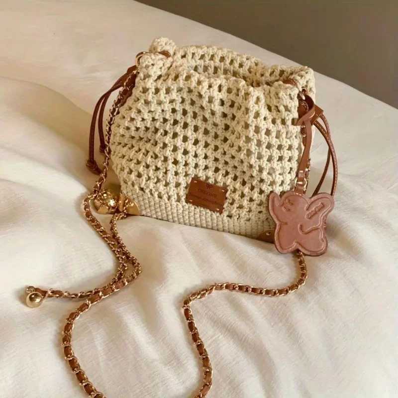 Women Chic Summer Beige Knit Crossbody Bag with Adjustable Strap Single Shoulder Purse Versatile Handbag with Polyester Lining XJ250610