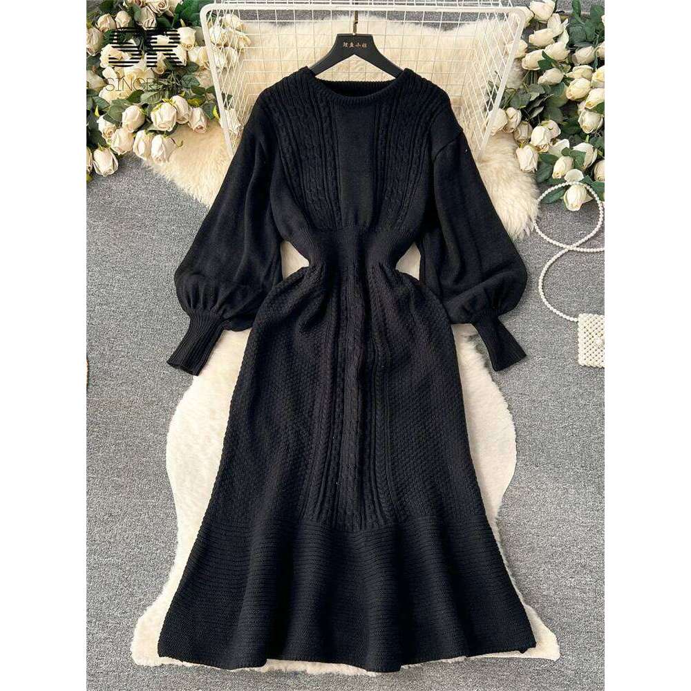 SINGREINY Loose Casual Knit Long Dress Women Solid Elastic Waist Lantern Sleeve O Neck Ladies Fashion Winter Sweater Dresses