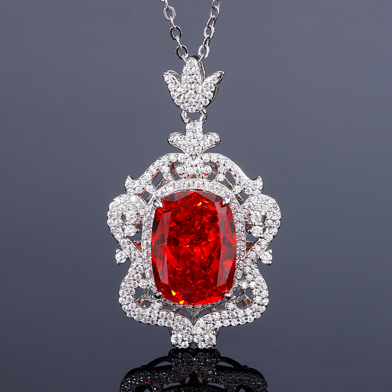 S925 Silver High-Carbon Diamond Radiant Cut Chinese Red Vintage Pendant Necklace, 12x16mm Main Stone, Elegant and Stylish Women's Jewelry, Perfec