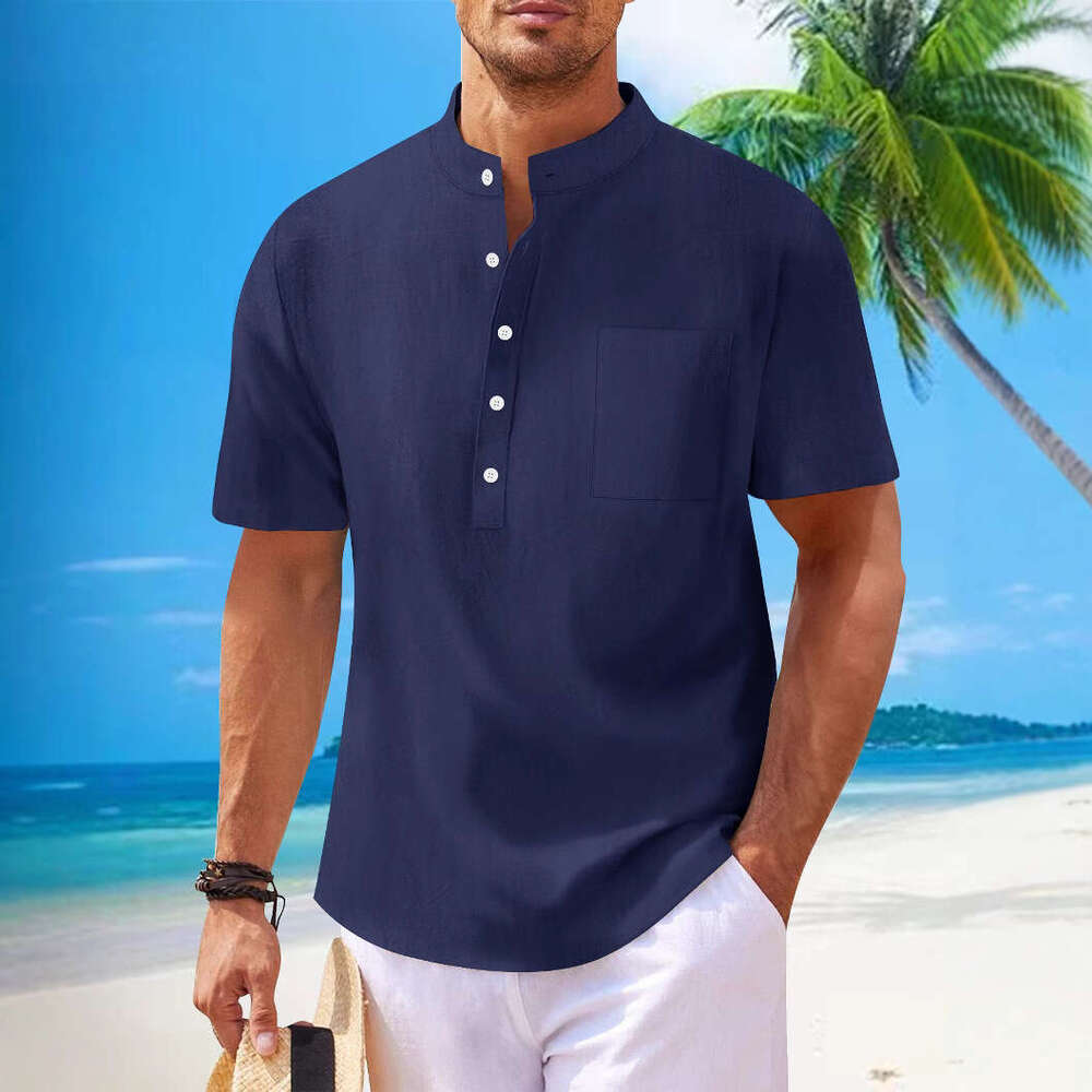 Spring Summer Men's Cotton Linen Stand Collar Short Sleeve Loose Casual Henley Shirt Men B5