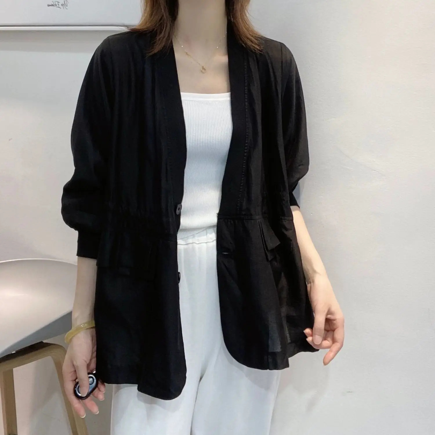 Plus Size Waist Tie Vneck Black Blazer Women Summer Cardigan Sunscreen White Jacket Korean Fashion Casual Pocket Outerwear 250610