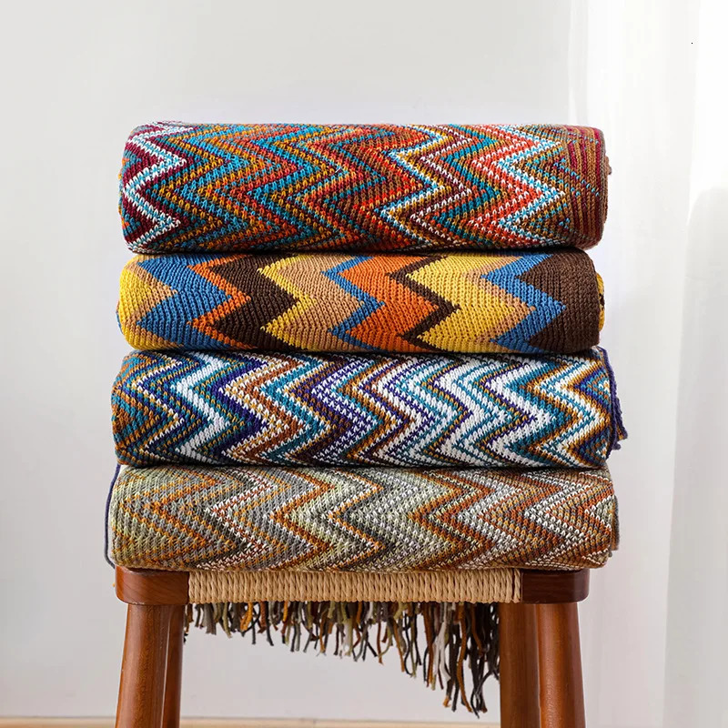 Retro Bohemian Knitted Striped Blanket Soft Plaid Blanket Sofa Decorative Throw Blankets with Tassel Blankets for Bed Bedspread 250604