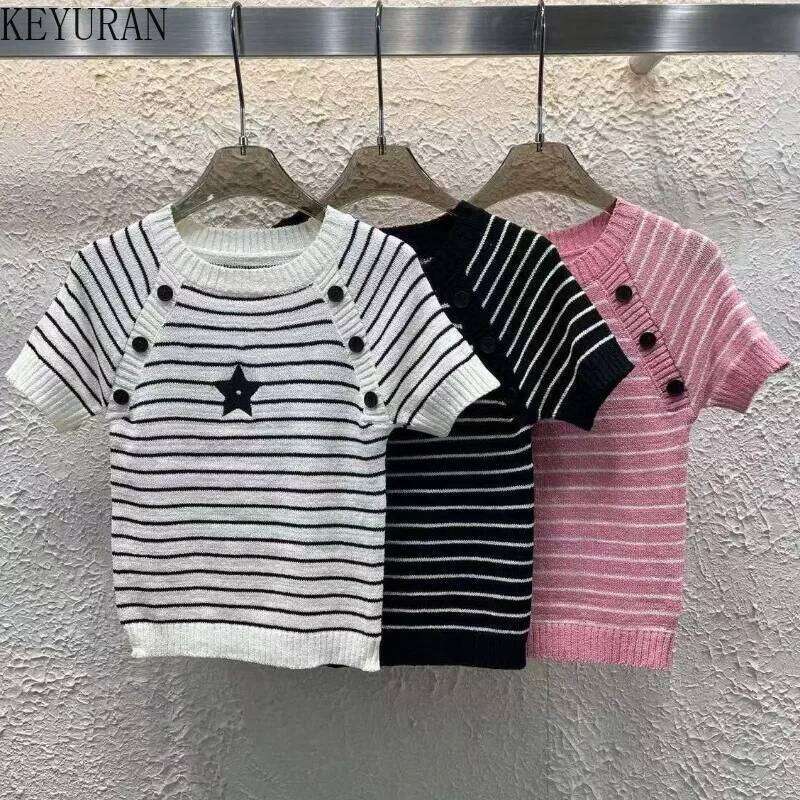 2025 Spring Summer New Striped Knitted Short Sleeve Sweater Women's Vintage Embroidery Round Neck Casual Pullover Knitwear Tops