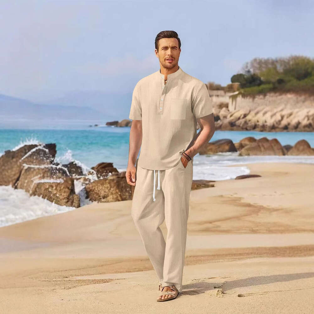 Spring/Summer New Men's Loose Casual Cotton Linen Short Sleeve Long Pants Set B5