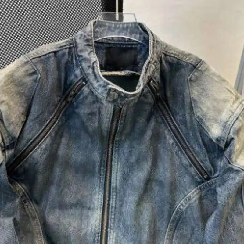 FEWQ Belt Mens Denim Jackets Stand Collar Solid Color Shoulder Padded Sleeve Zipper Patchwork Washing Male Coats 24K2966 250611