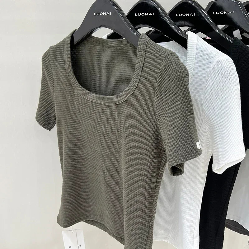 Basic Solid Top Short Sleeve Crewneck Skinny Tshirt Summer Casual Tee For Women Y2k Vintage Harajuku Streetwear 250610
