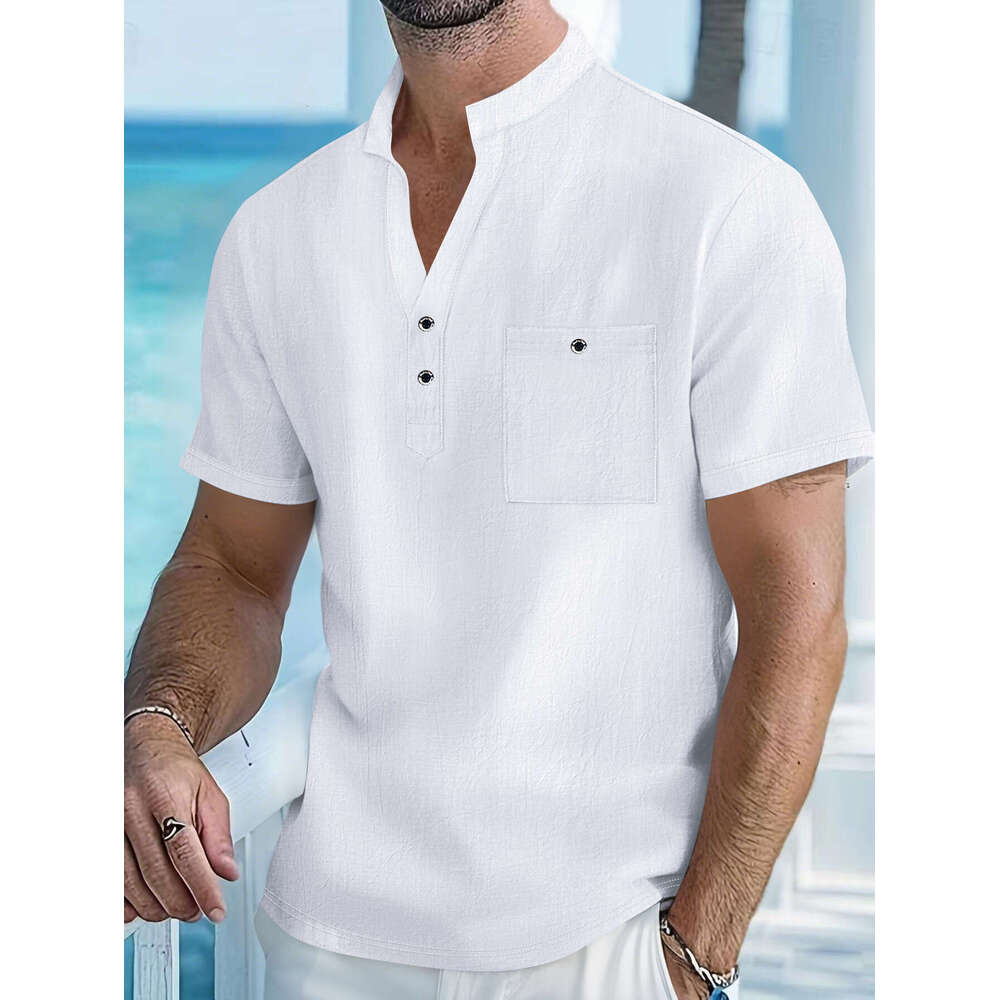 New Stand Collar T-Shirt Linen Short Sleeve Shirt Casual Thin Loose Henley Men's Wear B5