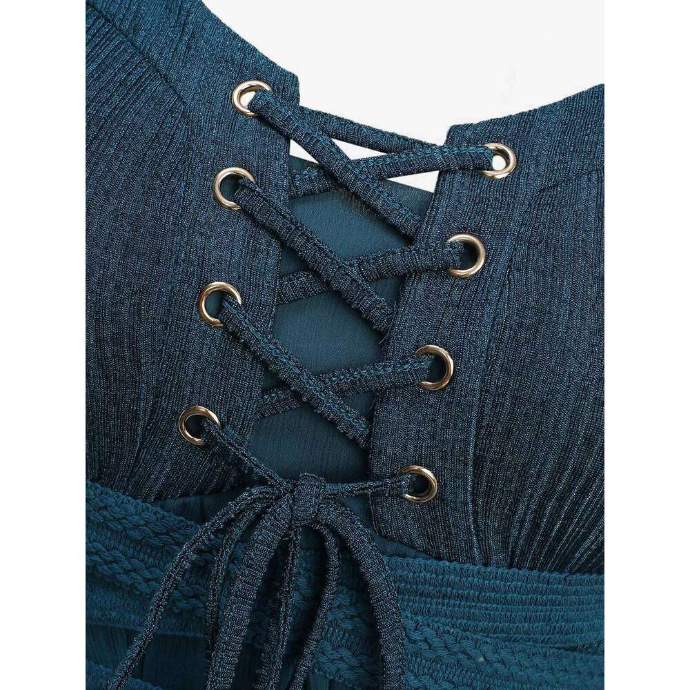 ROSEGALPlus Size Grommets Lace Up Textured Patchwork Ruffles Asymmetrical Dress With Belt