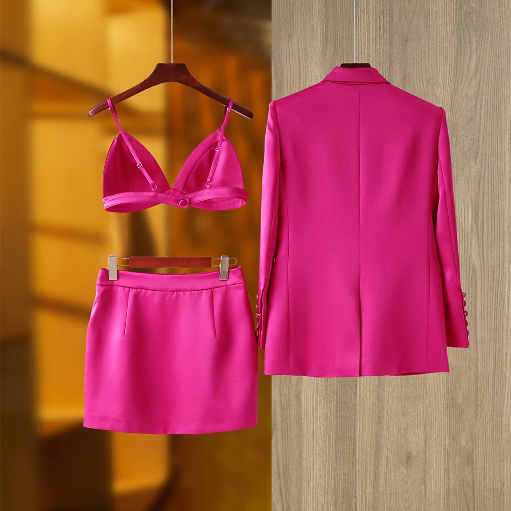 Smooth Satin Fabric Fusicha 3PCS Blazer Suit Fashion Elegant Street Mini Skirt Women Quality Clothing 250610