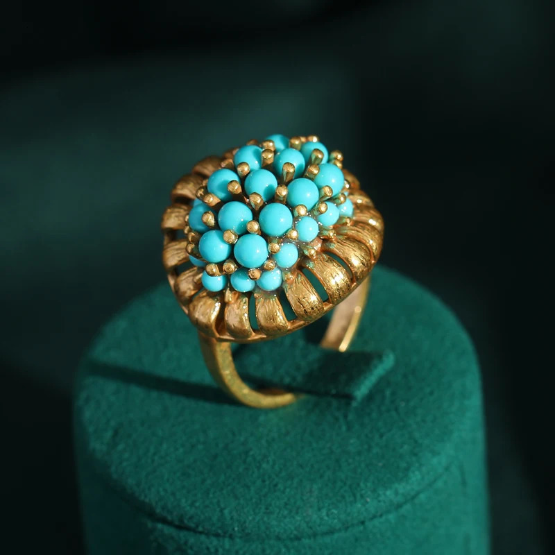 Victorian Retro 18K Gold Plated Adjustable Turquoise Cluster Ring Luxurious Jewelry for Banquet Daily Wear 250611
