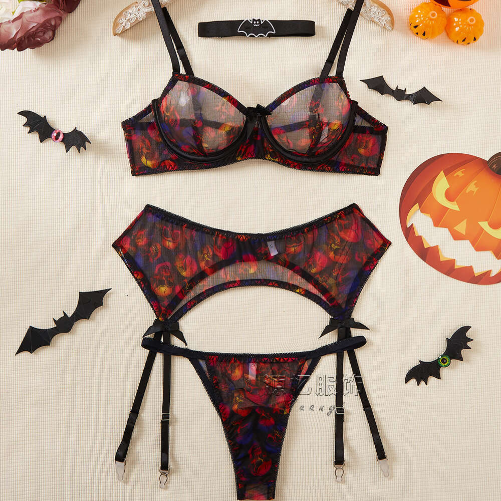 Spell Lingerie Porn Suits Halloween Sexy Lingerie Four Piece Skull Print Bat Neck Garter Belt Stockings Set New Style Sexy Lingerie