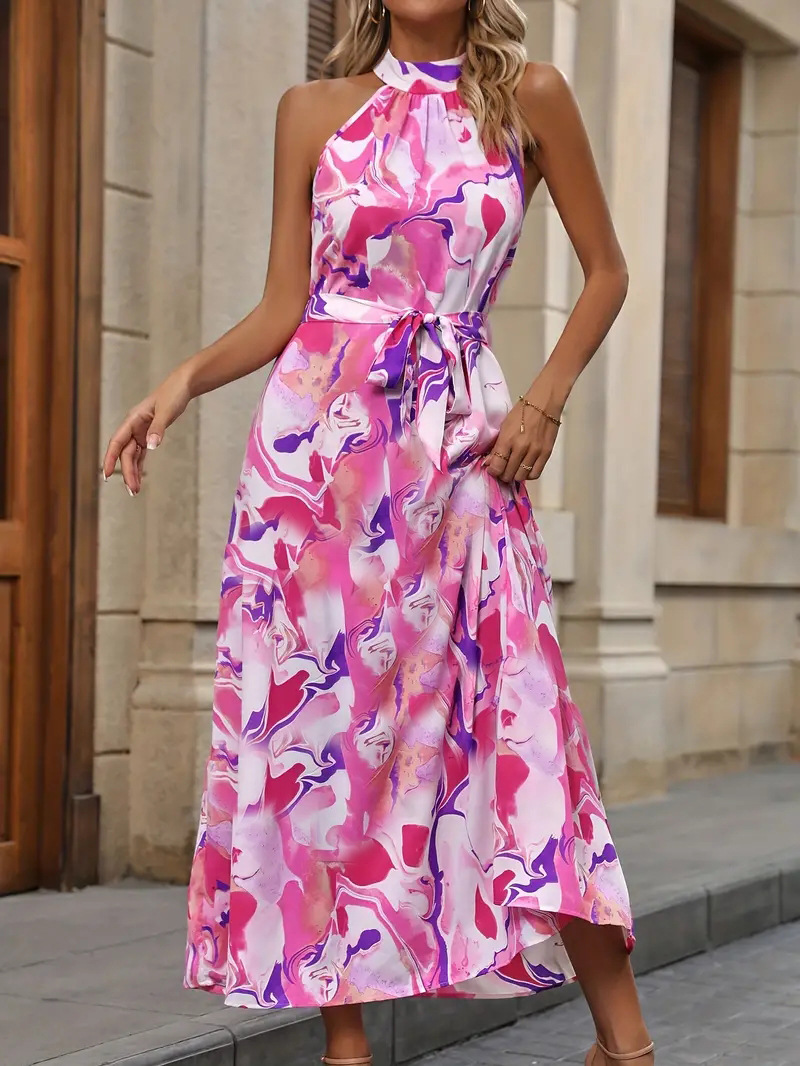Summer style fashionable long dress with printed neckband and drawstring for ladies