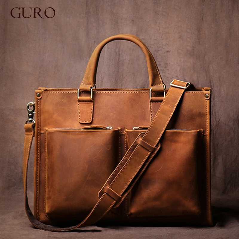 GURO Higher Quality Executive Briefcase Mens Genuine Leather Handbag Luxury Briefcase 14 Laptop Crossbody Vintage Shoulder Bag W250610
