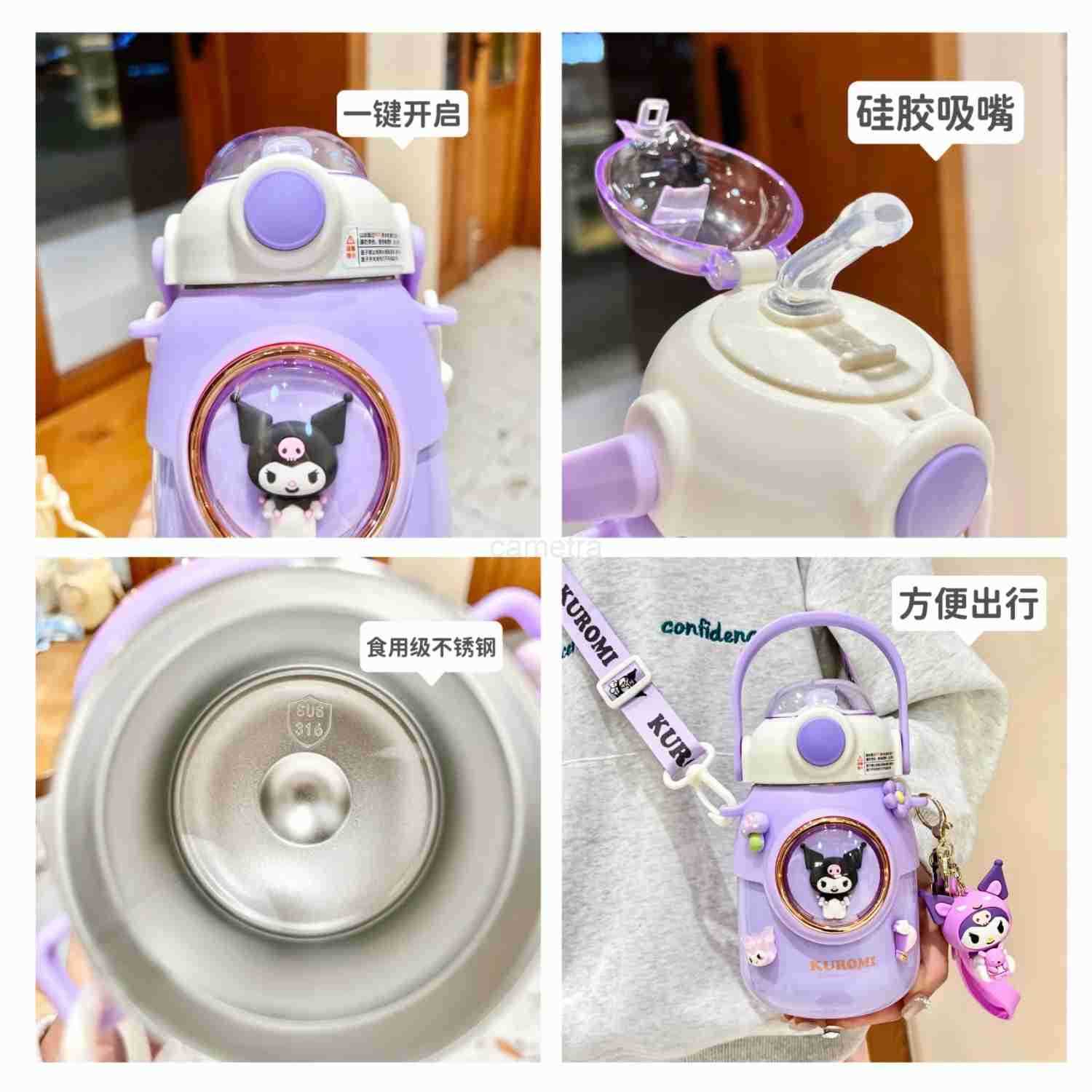 Sanrio Sanrio Kuromi Childrens Thermos Cup School Special Cute Straw Vacuum Cup Girl Big Belly 700ml Cinnamoroll Kawaii Rope Kettle XJ250611