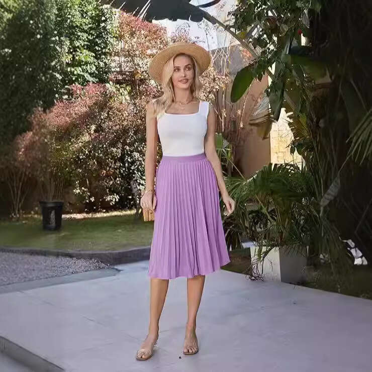 New Style Midi Pleated Elastic Waist Slim Fit Loose Skirt B5