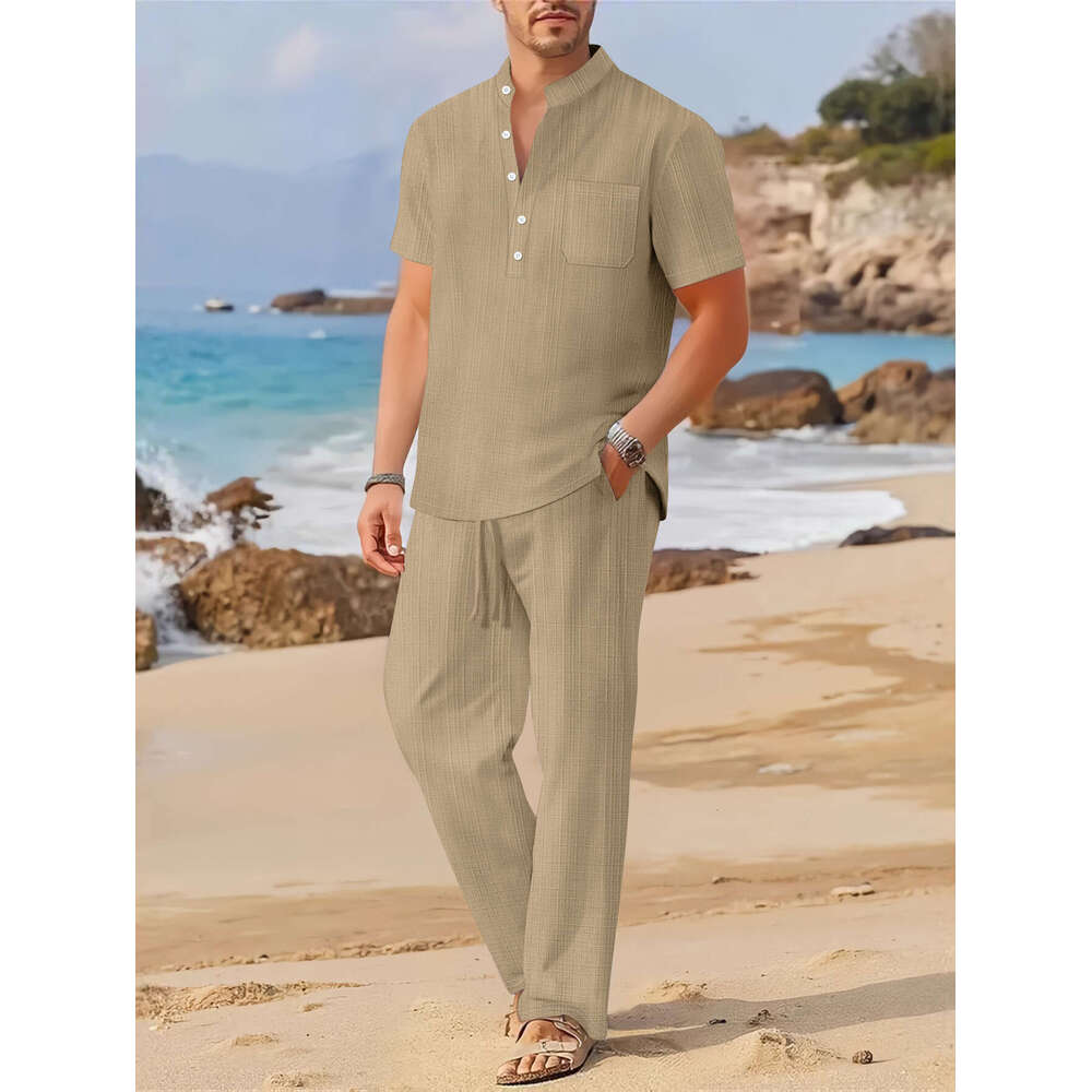 Spring/Summer New Men's Loose Casual Imitation Linen Short Sleeve Long Pants Set B5