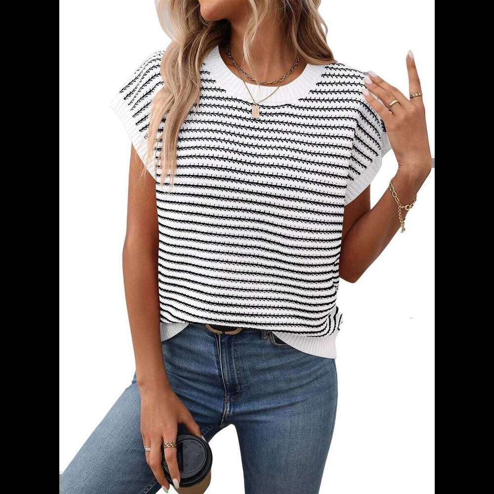 Women'S Sweater Vest Striped Pullover Tank Top Round Neck Cap Sleeve Lightweight 2025 Summer Casual Clothes
