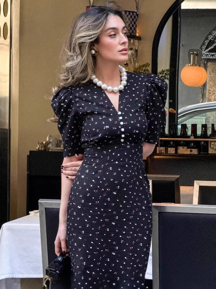 TARUXY Print Puff Sleeve Long Dress For Women Fashion V neck High Waist Commuting Outfits Elegant Lady Fishtail Dress 250609